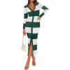 imagePRETTYGARDEN Womens Striped Sweater Dress Long Sleeve V Neck Button Down Knit Bodycon Maxi Dresses with Slit