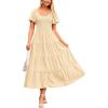 imagePRETTYGARDEN Womens Summer Casual Midi Dress Puff Sleeve Swiss Dot Long Flowy A Line DressesBeige
