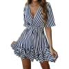 imagePRETTYGARDEN Womens Summer Deep V Neck Short Sleeve Striped Wrap Ruffle Hem Pleated Mini DressNavy