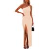 imagePRETTYGARDEN Womens Summer Formal Wedding Guest Dresses One Shoulder Spaghetti Strap High Slit Maxi Bodycon DressBeige