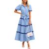 imagePRETTYGARDEN Womens Summer Maxi Dress Button Down Puff Short Sleeve Ruffle Casual Elegant Long Flowy Shirt Dresses with Belt Light BlueBlueMedium