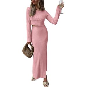imagePRETTYGARDEN 2024 Fall 2 Piece Outfits For Women Rib Knit Crop Top And Slit Maxi Dress Skirt Sets Tracksuit PinkLarge