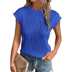 imagePRETTYGARDEN Blouses for Women Dressy Casual 2026 Spring Summer Business Office Tops Cap Sleeve Textured Cute Work ShirtBrilliant Blue