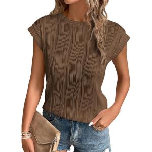 imagePRETTYGARDEN Blouses for Women Dressy Casual 2026 Spring Summer Business Office Tops Cap Sleeve Textured Cute Work ShirtCoffee