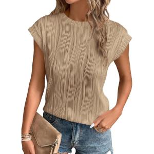 imagePRETTYGARDEN Blouses for Women Dressy Casual 2026 Spring Summer Business Office Tops Cap Sleeve Textured Cute Work ShirtKhaki