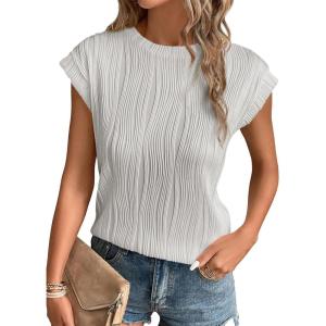 imagePRETTYGARDEN Blouses for Women Dressy Casual 2026 Spring Summer Business Office Tops Cap Sleeve Textured Cute Work ShirtLight Grey