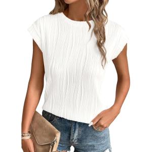 imagePRETTYGARDEN Blouses for Women Dressy Casual 2026 Spring Summer Business Office Tops Cap Sleeve Textured Cute Work ShirtWhite