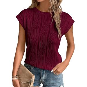 imagePRETTYGARDEN Blouses for Women Dressy Casual 2026 Spring Summer Business Office Tops Cap Sleeve Textured Cute Work ShirtWine Red
