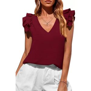 imagePRETTYGARDEN Blouses for Women Dressy Casual Summer Going Out Tops 2026 Spring Business Work V Neck Ruffle Cap Sleeve ShirtsBurgundy