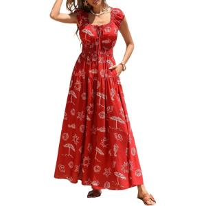 imagePRETTYGARDEN Boho Maxi Dresses for Women 2026 Summer Floral Wedding Guest Dress Resort Wear Spring Long Flowy Beach SundressBrick Red Floral