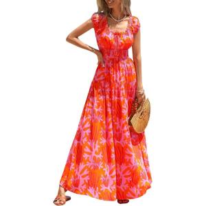 imagePRETTYGARDEN Boho Maxi Dresses for Women 2026 Summer Floral Wedding Guest Dress Resort Wear Spring Long Flowy Beach SundressOrange Pink Red Floral