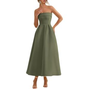 imagePRETTYGARDEN Cocktail Dresses for Women 2026 Summer Formal Elegant Tube Top Strapless Spring Wedding Guest Party Midi DressArmy Green
