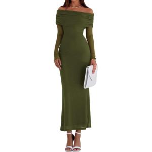 imagePRETTYGARDEN Fall Dresses for Women 2026 Elegant Off The Shoulder Long Sleeve Formal Wedding Guest Bodycon Maxi DressArmy Green