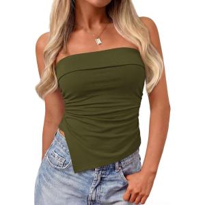 imagePRETTYGARDEN Going Out Tube Tops for Women Trendy Summer 2026 Asymmetrical Ruched Strapless Bandeau Shirts Spring ClothesArmy Green