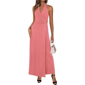 imagePRETTYGARDEN Halter Dresses for Women 2026 Elegant Classy Spring V Neck Tie Backless Summer Wedding Guest Cocktail Midi DressPink