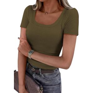 imagePRETTYGARDEN Scoop Neck Tops for Women 2026 Summer Basic Tees Trendy Short Sleeve Shirts Spring Casual Fitted Ribbed TopsArmy Green