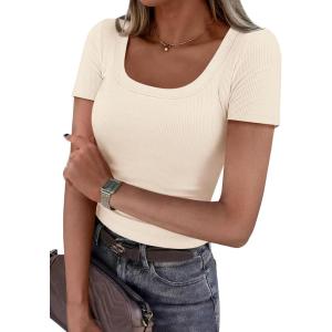 imagePRETTYGARDEN Scoop Neck Tops for Women 2026 Summer Basic Tees Trendy Short Sleeve Shirts Spring Casual Fitted Ribbed TopsBeige