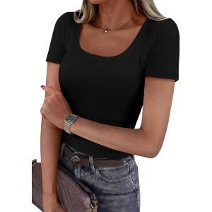 imagePRETTYGARDEN Scoop Neck Tops for Women 2026 Summer Basic Tees Trendy Short Sleeve Shirts Spring Casual Fitted Ribbed TopsBlack