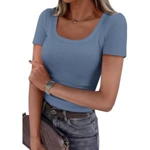 imagePRETTYGARDEN Scoop Neck Tops for Women 2026 Summer Basic Tees Trendy Short Sleeve Shirts Spring Casual Fitted Ribbed TopsBlue Grey