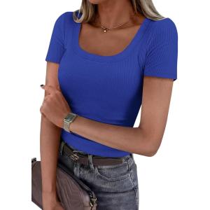 imagePRETTYGARDEN Scoop Neck Tops for Women 2026 Summer Basic Tees Trendy Short Sleeve Shirts Spring Casual Fitted Ribbed TopsBrilliant Blue
