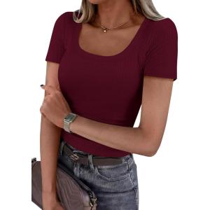 imagePRETTYGARDEN Scoop Neck Tops for Women 2026 Summer Basic Tees Trendy Short Sleeve Shirts Spring Casual Fitted Ribbed TopsBurgundy