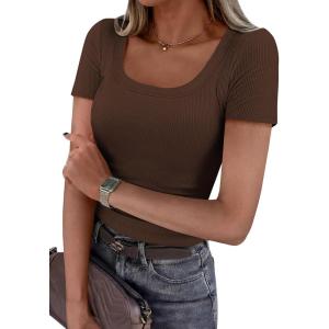 imagePRETTYGARDEN Scoop Neck Tops for Women 2026 Summer Basic Tees Trendy Short Sleeve Shirts Spring Casual Fitted Ribbed TopsCoffee