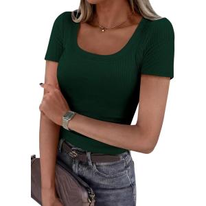 imagePRETTYGARDEN Scoop Neck Tops for Women 2026 Summer Basic Tees Trendy Short Sleeve Shirts Spring Casual Fitted Ribbed TopsDark Green