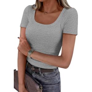 imagePRETTYGARDEN Scoop Neck Tops for Women 2026 Summer Basic Tees Trendy Short Sleeve Shirts Spring Casual Fitted Ribbed TopsGrey
