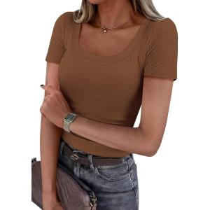 imagePRETTYGARDEN Scoop Neck Tops for Women 2026 Summer Basic Tees Trendy Short Sleeve Shirts Spring Casual Fitted Ribbed TopsKhaki