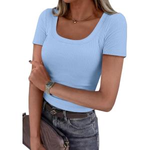 imagePRETTYGARDEN Scoop Neck Tops for Women 2026 Summer Basic Tees Trendy Short Sleeve Shirts Spring Casual Fitted Ribbed TopsLight Blue