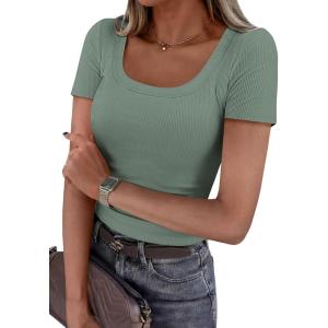 imagePRETTYGARDEN Scoop Neck Tops for Women 2026 Summer Basic Tees Trendy Short Sleeve Shirts Spring Casual Fitted Ribbed TopsSage Green