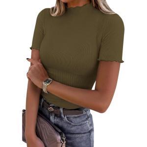 imagePRETTYGARDEN Short Sleeve T Shirts for Women Summer Clothes 2026 Casual Spring Tops Ruffle Mock Neck Ribbed Fitted Basic TeesArmy Green