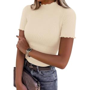 imagePRETTYGARDEN Short Sleeve T Shirts for Women Summer Clothes 2026 Casual Spring Tops Ruffle Mock Neck Ribbed Fitted Basic TeesBeige