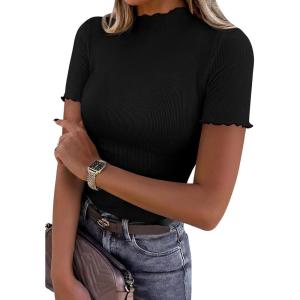 imagePRETTYGARDEN Short Sleeve T Shirts for Women Summer Clothes 2026 Casual Spring Tops Ruffle Mock Neck Ribbed Fitted Basic TeesBlack