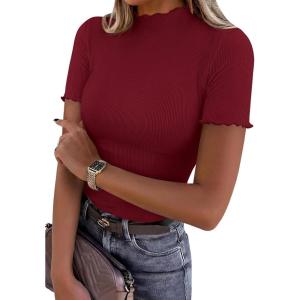 imagePRETTYGARDEN Short Sleeve T Shirts for Women Summer Clothes 2026 Casual Spring Tops Ruffle Mock Neck Ribbed Fitted Basic TeesBurgundy