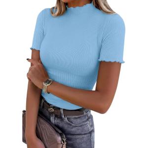 imagePRETTYGARDEN Short Sleeve T Shirts for Women Summer Clothes 2026 Casual Spring Tops Ruffle Mock Neck Ribbed Fitted Basic TeesLight Blue
