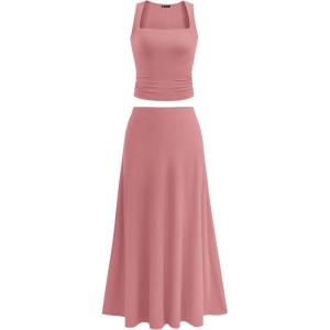 imagePRETTYGARDEN Skirt Sets Women 2 Piece Outfits 2025 Summer Casual Knit Tank Tops Flowy Midi Skirts Matching Vacation Clothes