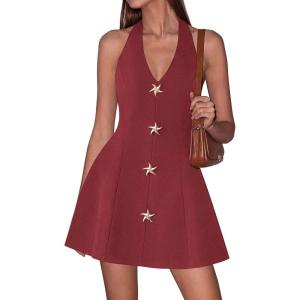 imagePRETTYGARDEN Summer Cocktail Dresses for Women Short 2026 Spring Halter V Neck Beach Party Backless A Line Mini DressBurgundy