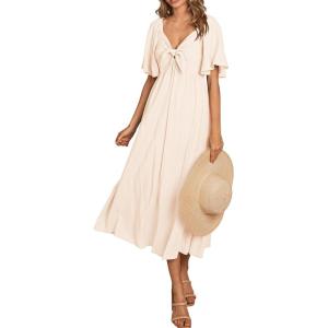 imagePRETTYGARDEN Summer Dress for Women 2026 Casual Short Sleeve Bow Tie V Neck Ruffle Midi Flowy DressesBeige