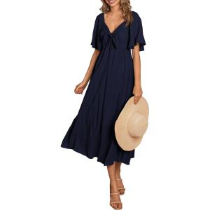imagePRETTYGARDEN Summer Dress for Women 2026 Casual Short Sleeve Bow Tie V Neck Ruffle Midi Flowy DressesDark Blue
