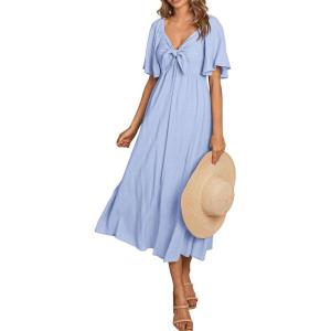 imagePRETTYGARDEN Summer Dress for Women 2026 Casual Short Sleeve Bow Tie V Neck Ruffle Midi Flowy DressesLight Blue