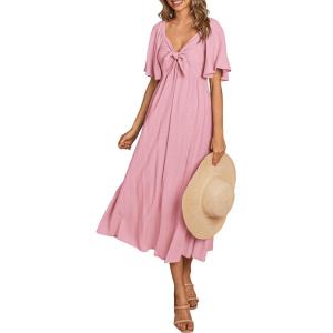 imagePRETTYGARDEN Summer Dress for Women 2026 Casual Short Sleeve Bow Tie V Neck Ruffle Midi Flowy DressesLight Pink