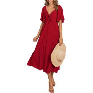 imagePRETTYGARDEN Summer Dress for Women 2026 Casual Short Sleeve Bow Tie V Neck Ruffle Midi Flowy DressesRed