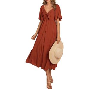 imagePRETTYGARDEN Summer Dress for Women 2026 Casual Short Sleeve Bow Tie V Neck Ruffle Midi Flowy DressesRust Red