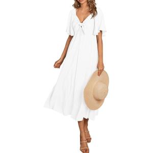 imagePRETTYGARDEN Summer Dress for Women 2026 Casual Short Sleeve Bow Tie V Neck Ruffle Midi Flowy DressesWhite
