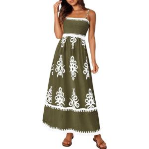 imagePRETTYGARDEN Summer Dress for Women 2026 Floral Sundress Spaghetti Strap Flowy Beach Vacation Boho Maxi DressesArmy Green White Floral