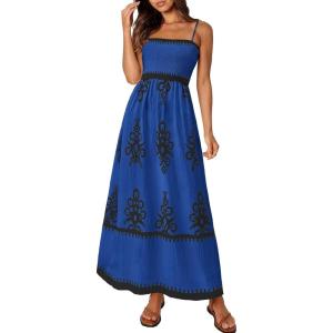 imagePRETTYGARDEN Summer Dress for Women 2026 Floral Sundress Spaghetti Strap Flowy Beach Vacation Boho Maxi DressesBlue Black Floral