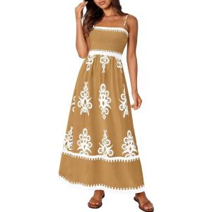 imagePRETTYGARDEN Summer Dress for Women 2026 Floral Sundress Spaghetti Strap Flowy Beach Vacation Boho Maxi DressesKhaki Floral