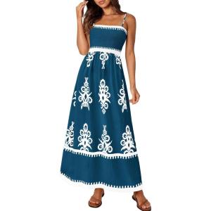 imagePRETTYGARDEN Summer Dress for Women 2026 Floral Sundress Spaghetti Strap Flowy Beach Vacation Boho Maxi DressesLake Blue White Floral