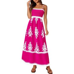 imagePRETTYGARDEN Summer Dress for Women 2026 Floral Sundress Spaghetti Strap Flowy Beach Vacation Boho Maxi DressesRose Red White Floral